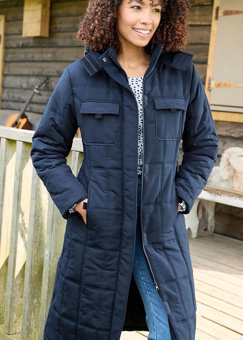 Cotton Traders Navy Long Padded Hooded Coat