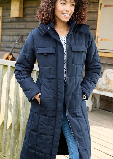 Cotton Traders Navy Long Padded Hooded Coat