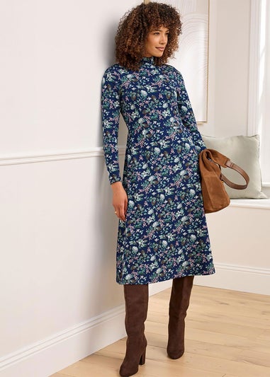 Cotton Traders Navy Turtleneck Print Jersey Midi Dress