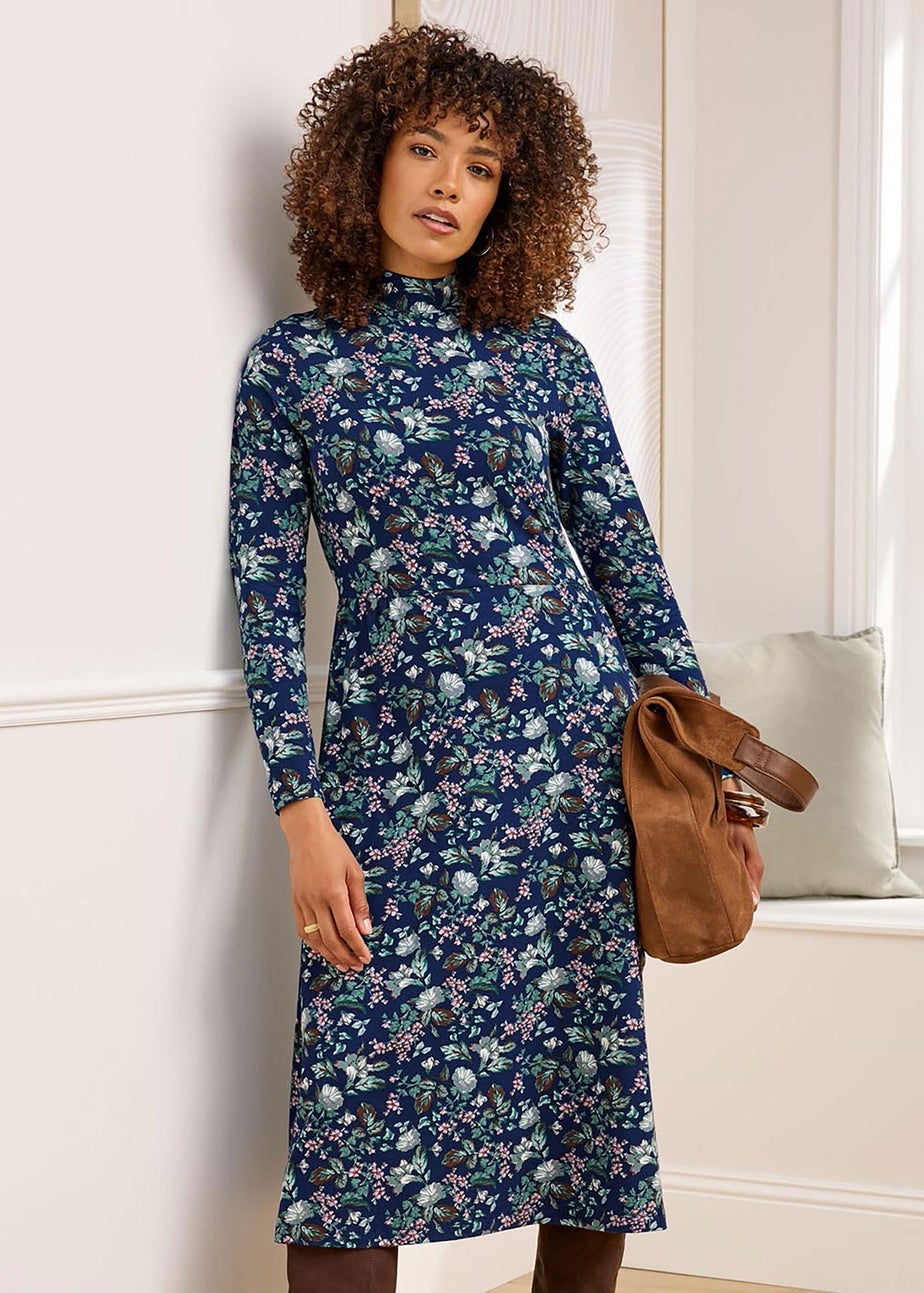 Cotton Traders Navy Turtleneck Print Jersey Midi Dress