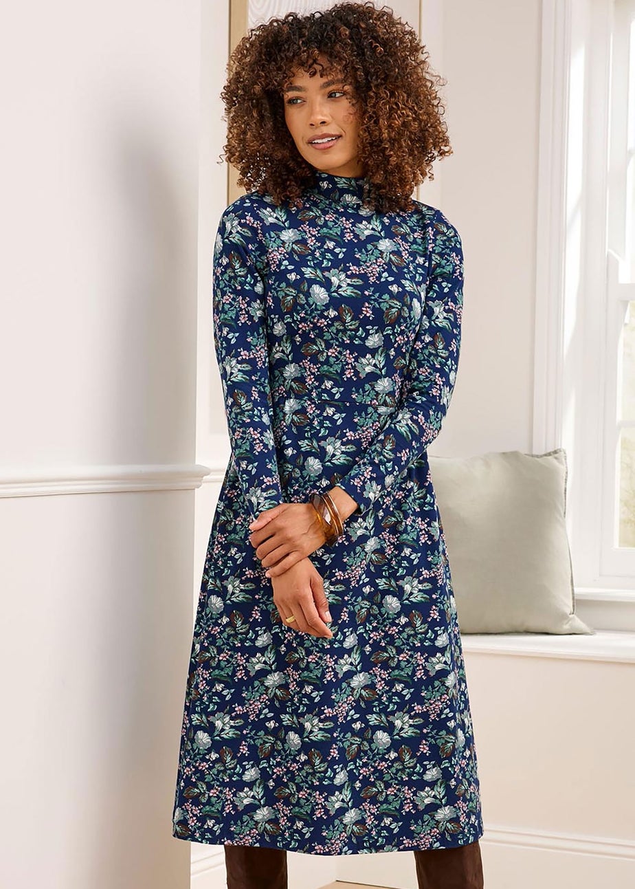 Cotton Traders Navy Turtleneck Print Jersey Midi Dress