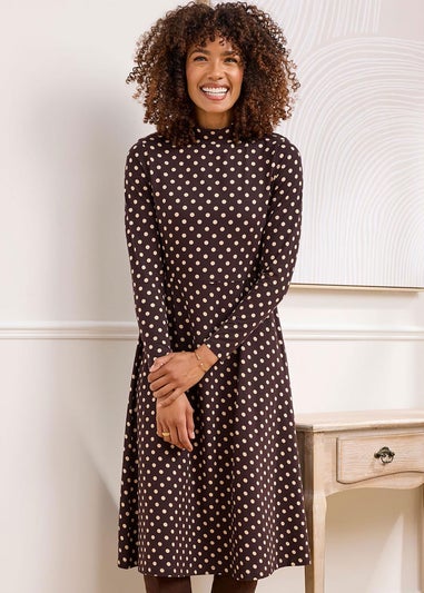 Cotton Traders Dark Chocolate Turtleneck Print Jersey Midi Dress