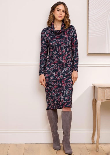 Cotton Traders Black Cowl Neck Printed Midi Dress