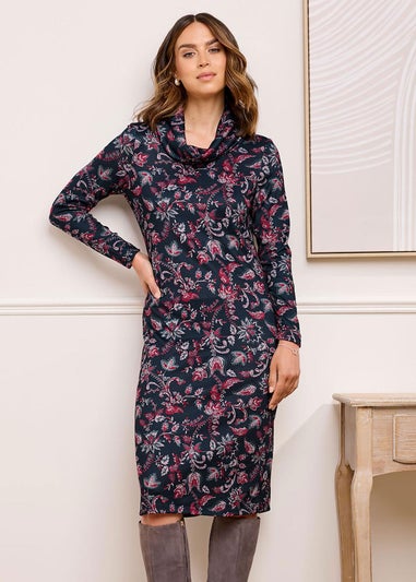 Cotton Traders Black Cowl Neck Printed Midi Dress