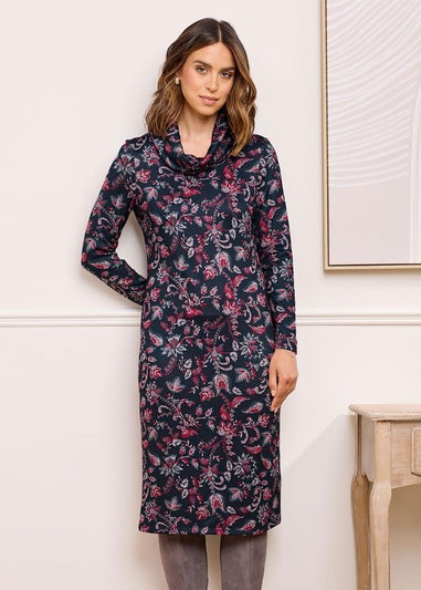 Cotton Traders Black Cowl Neck Printed Midi Dress
