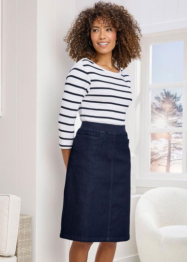 Cotton Traders Dark Denim Premium Pull-On Knee Length Skirt