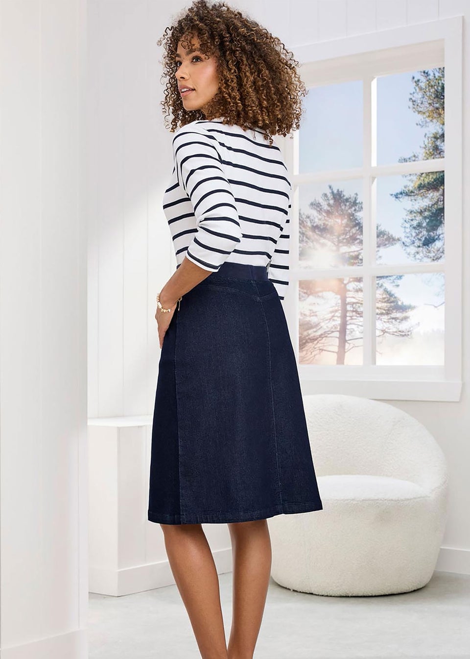 Cotton Traders Dark Denim Premium Pull-On Knee Length Skirt