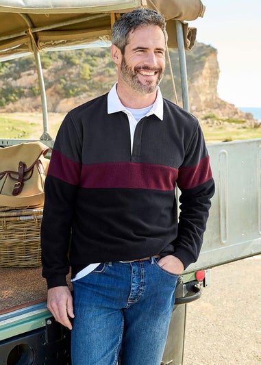 Cotton Traders Black Fleece Panelled Rugby Shirt