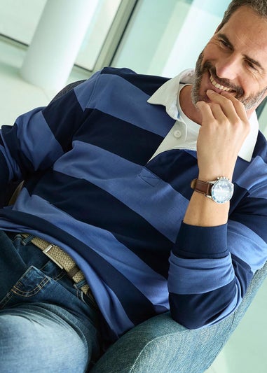 Cotton Traders Mid Blue Long Sleeve Heritage Rugby Shirt