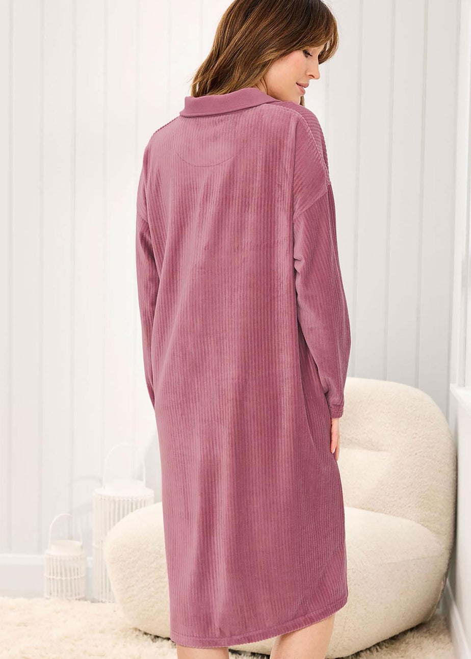 Cotton Traders Burnt Rose Velour Ribbed Long Sleeve Nightdress