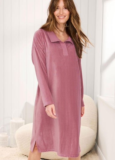 Cotton Traders Burnt Rose Velour Ribbed Long Sleeve Nightdress