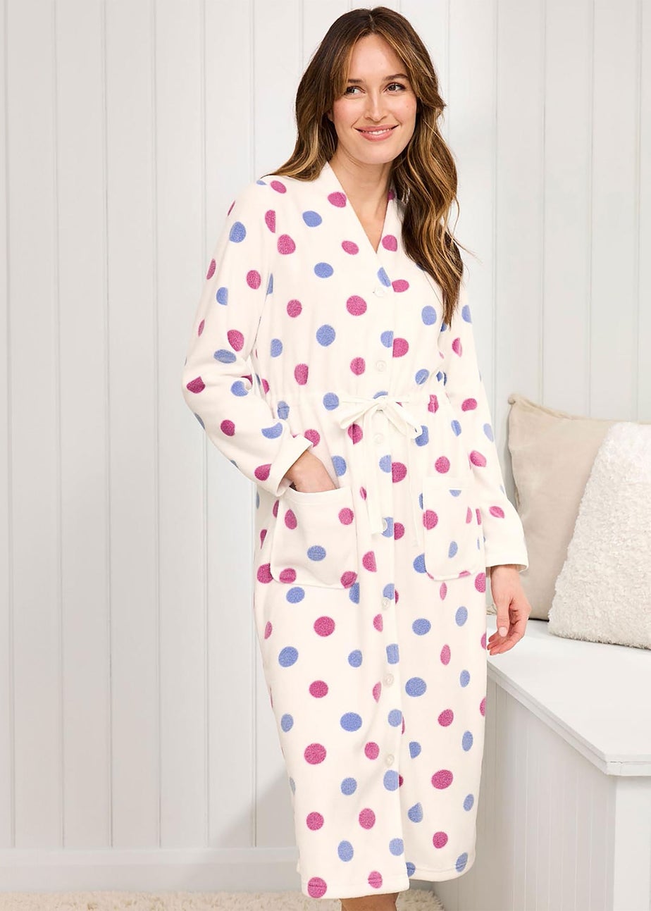Cotton Traders Fleece Warm Cream Tie Waist Printed Dressing Gown