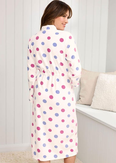 Cotton Traders Fleece Warm Cream Tie Waist Printed Dressing Gown