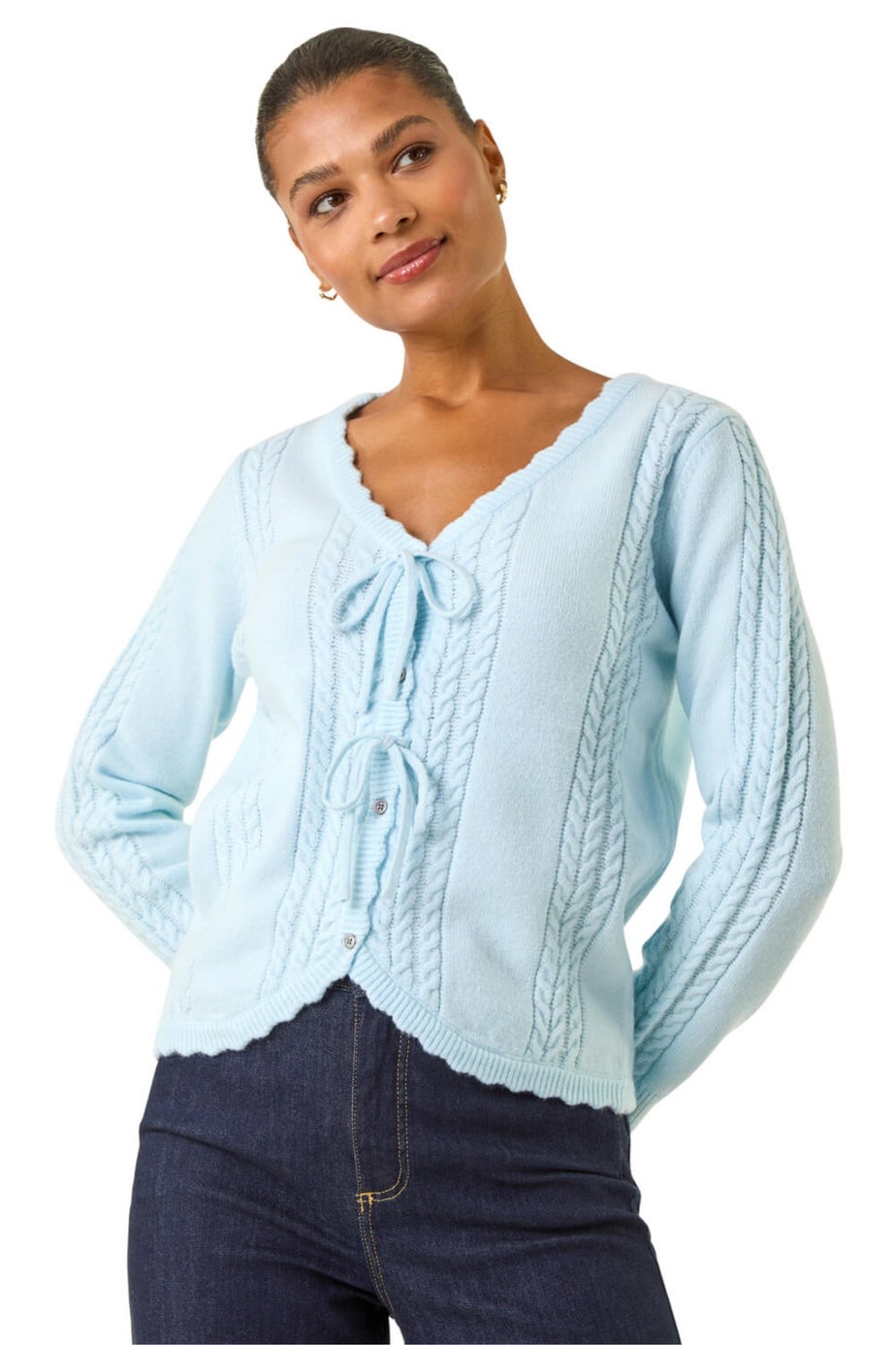 Roman Blue Bow Front Buttoned Knit Cardigan