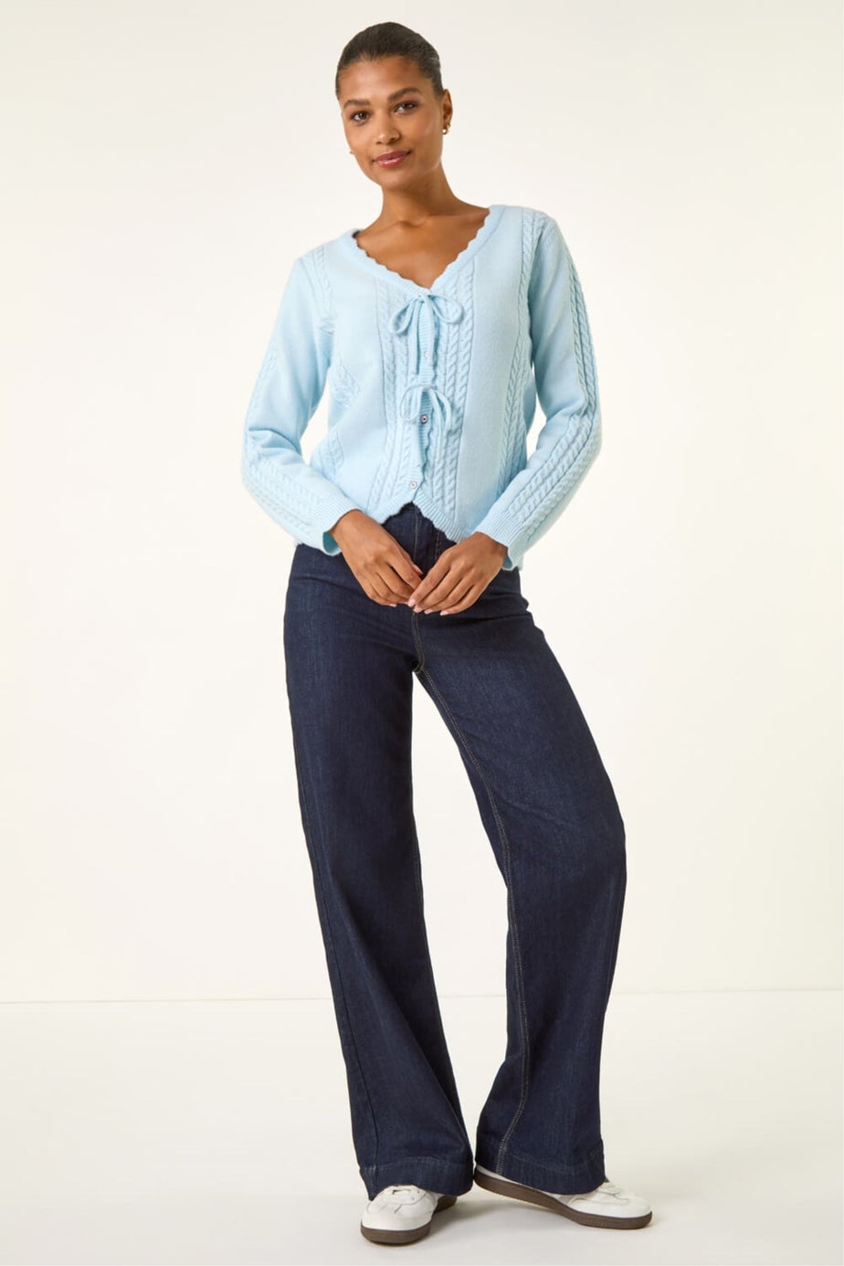 Roman Blue Bow Front Buttoned Knit Cardigan