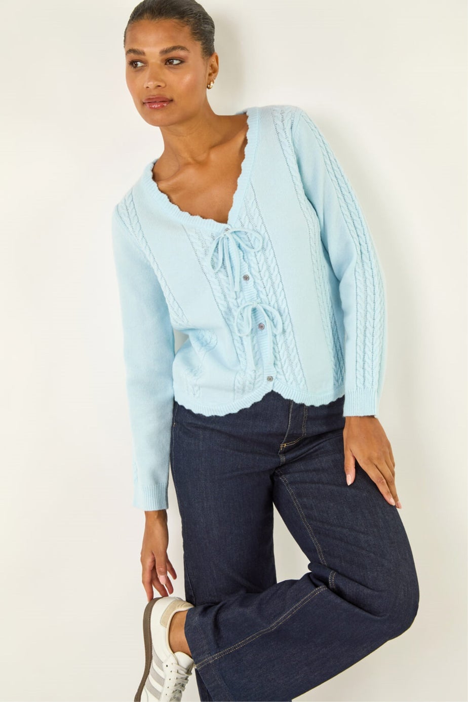 Roman Blue Bow Front Buttoned Knit Cardigan