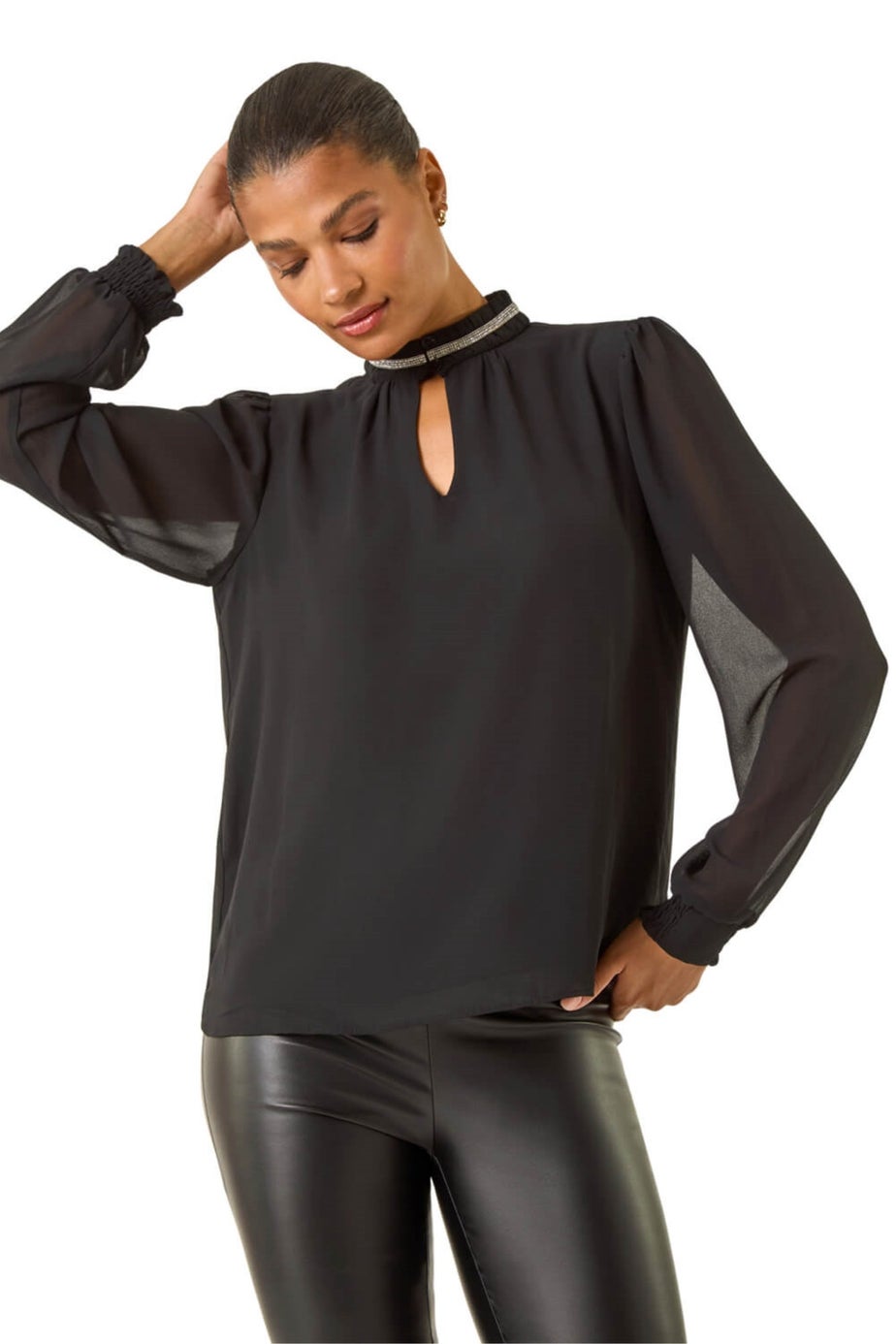Roman Black Diamante Trim High Neck Top