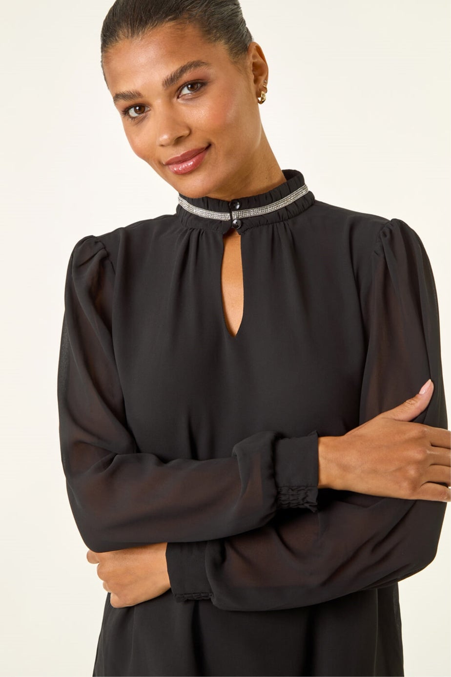 Roman Black Diamante Trim High Neck Top