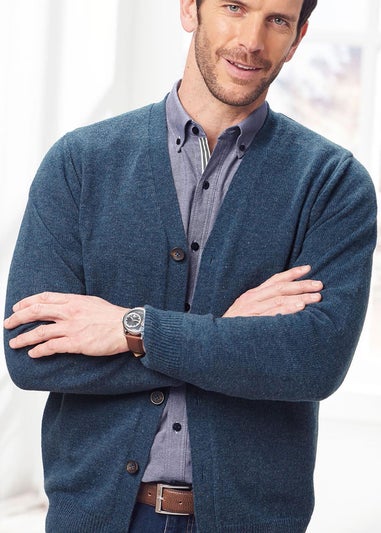 Cotton Traders Steel Blue Lambswool Rich Button-Through Cardigan