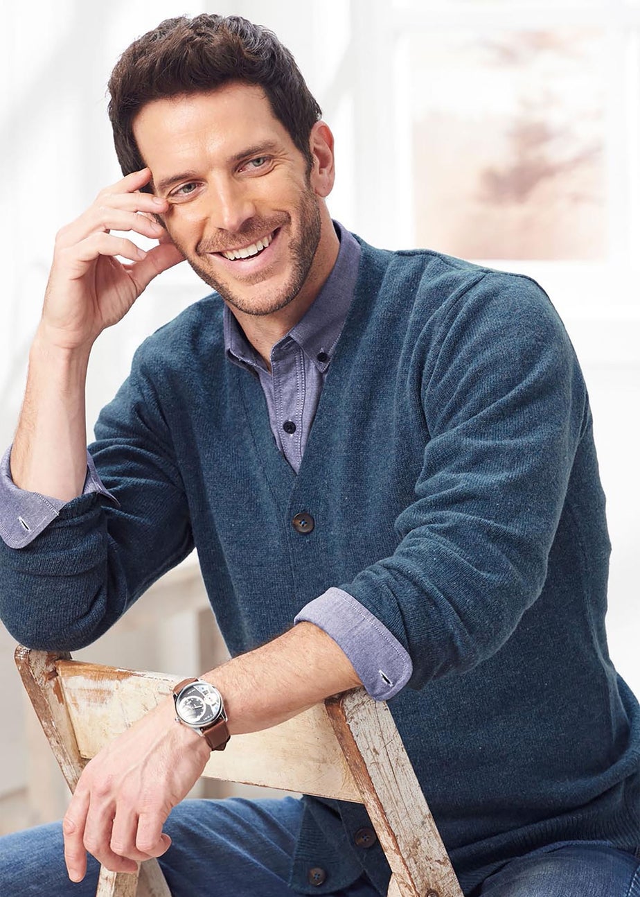 Cotton Traders Steel Blue Lambswool Rich Button-Through Cardigan