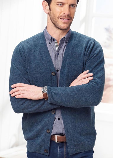 Cotton Traders Steel Blue Lambswool Rich Button-Through Cardigan