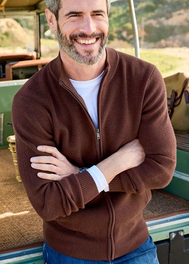 Cotton Traders Warm Brown Ultra Soft Zip-Through Cardigan