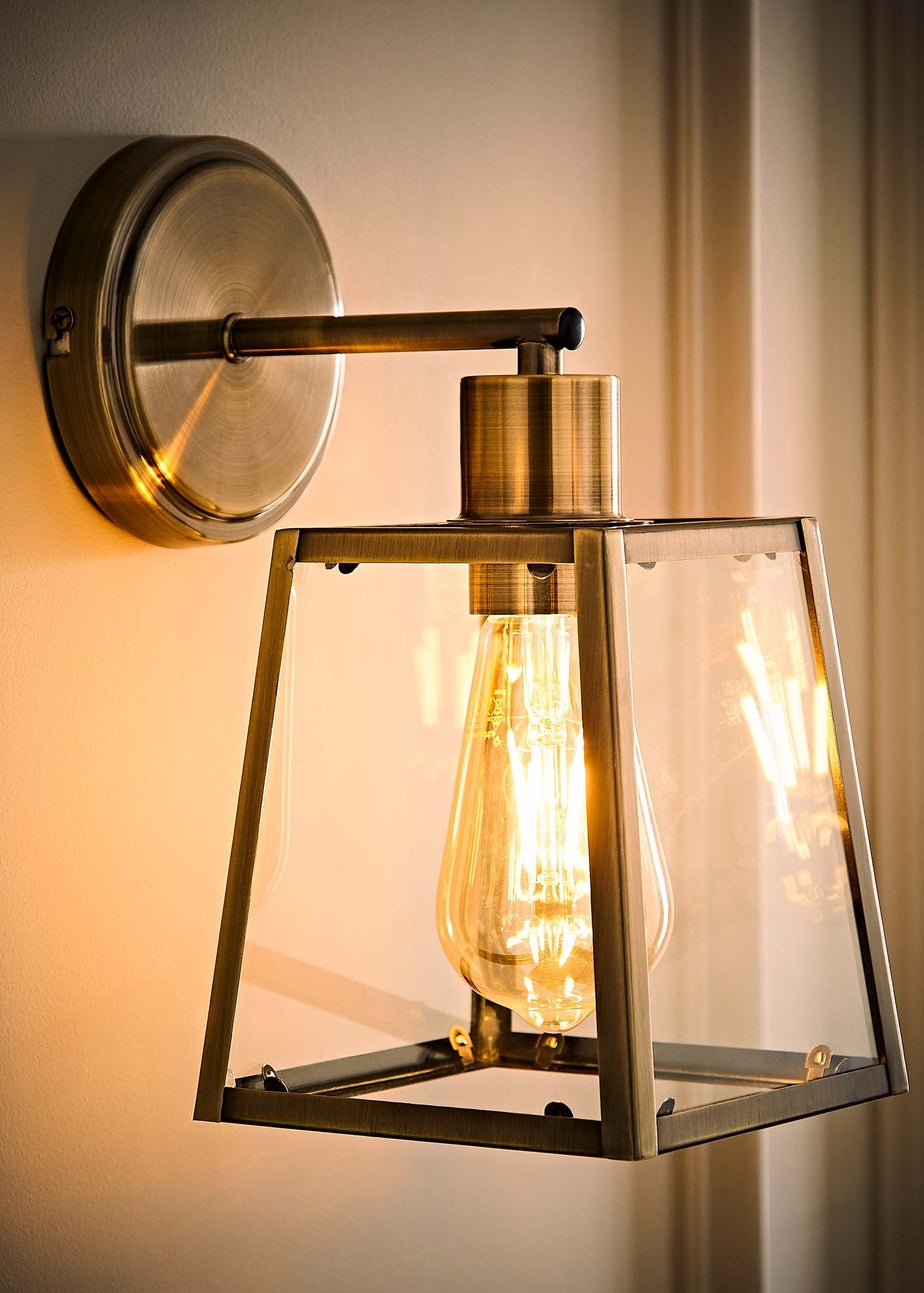 ValueLights Susie Antique Brass Glass Lantern Wall Light
