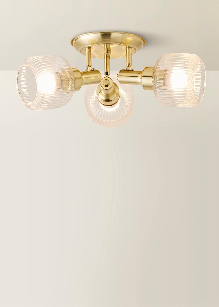 ValueLights Calpe 3 Way Brass Ceiling Spotlight Ribbed Clear Shades