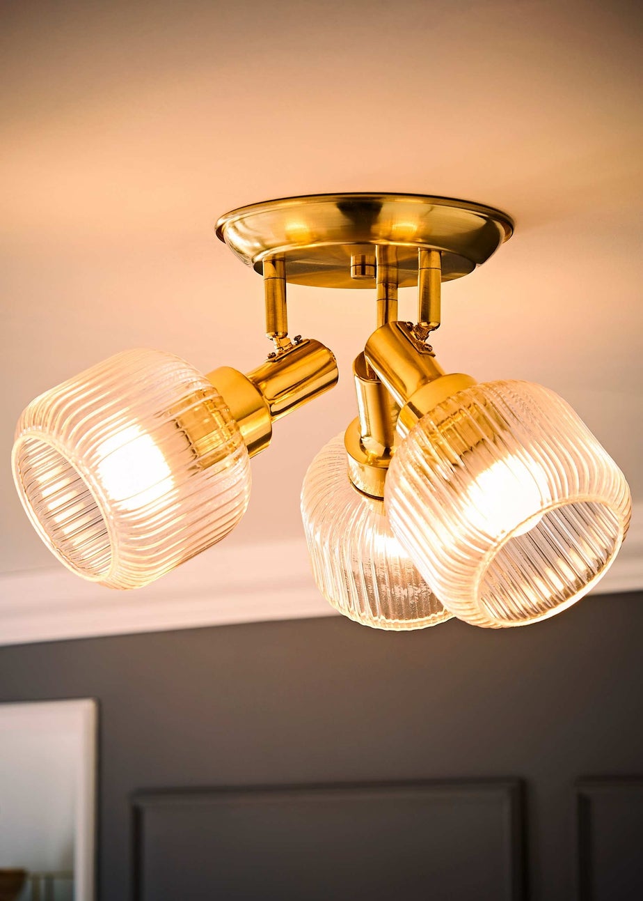 ValueLights Calpe 3 Way Brass Ceiling Spotlight Ribbed Clear Shades