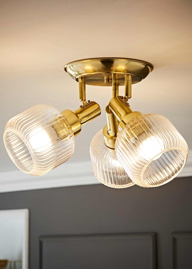 ValueLights Calpe 3 Way Brass Ceiling Spotlight Ribbed Clear Shades
