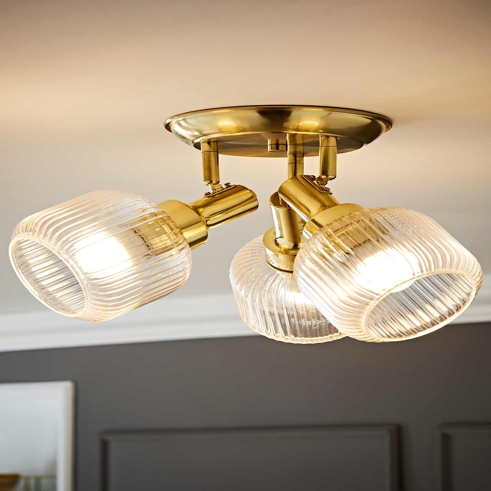 ValueLights Calpe 3 Way Brass Ceiling Spotlight Ribbed Clear Shades