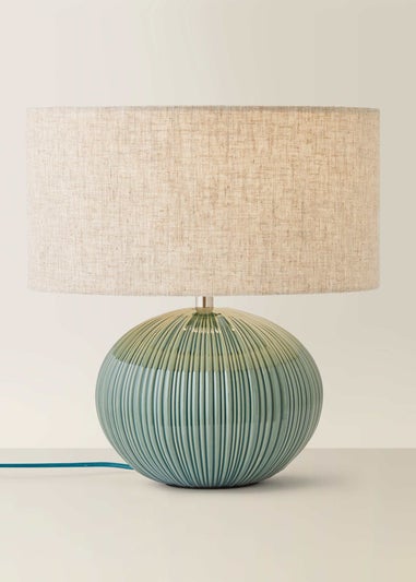 ValueLights Rebecca Green Ribbed Ceramic Table Lamp with Linen Shade