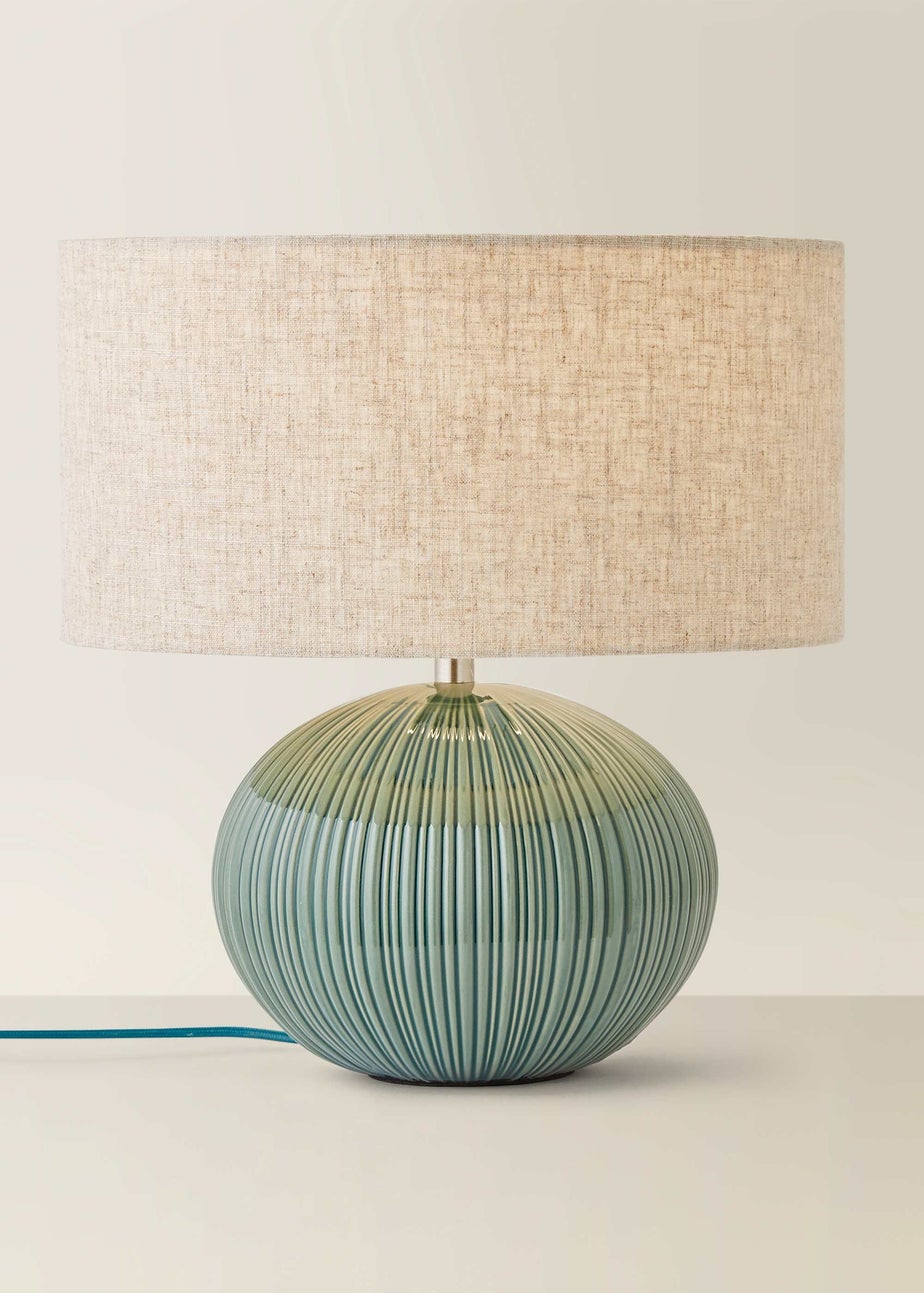 ValueLights Rebecca Green Ribbed Ceramic Table Lamp with Linen Shade