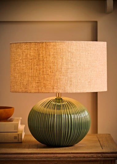 ValueLights Rebecca Green Ribbed Ceramic Table Lamp with Linen Shade
