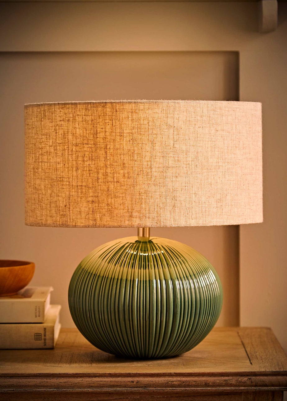 ValueLights Rebecca Green Ribbed Ceramic Table Lamp with Linen Shade