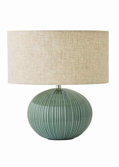 ValueLights Rebecca Green Ribbed Ceramic Table Lamp with Linen Shade