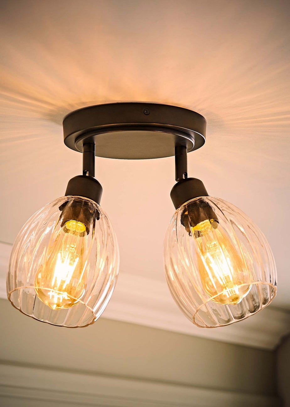 ValueLights Cheltenham 2 Way Black Ceiling Spotlight Ribbed Shades