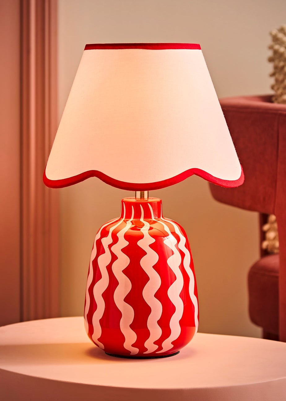 ValueLights Katy Pink & Red Wiggle Stripe Table Lamp with Scallop Shade