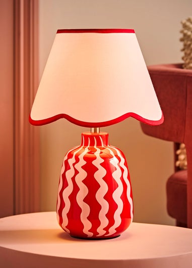 ValueLights Katy Pink & Red Wiggle Stripe Table Lamp with Scallop Shade