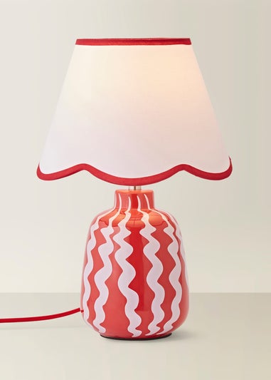 ValueLights Katy Pink & Red Wiggle Stripe Table Lamp with Scallop Shade
