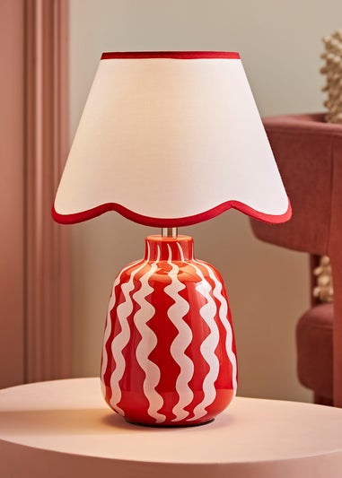 ValueLights Katy Pink & Red Wiggle Stripe Table Lamp with Scallop Shade