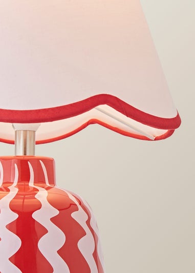 ValueLights Katy Pink & Red Wiggle Stripe Table Lamp with Scallop Shade