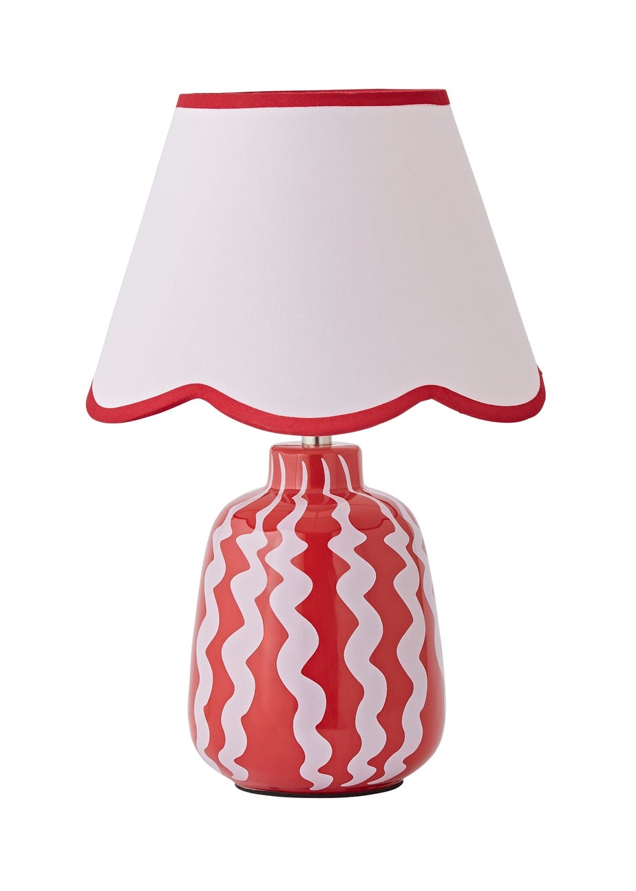 ValueLights Katy Pink & Red Wiggle Stripe Table Lamp with Scallop Shade