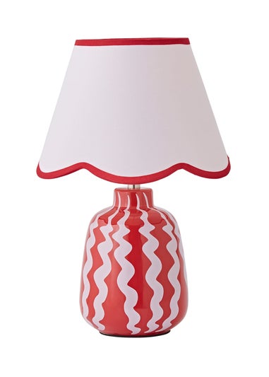 ValueLights Katy Pink & Red Wiggle Stripe Table Lamp with Scallop Shade