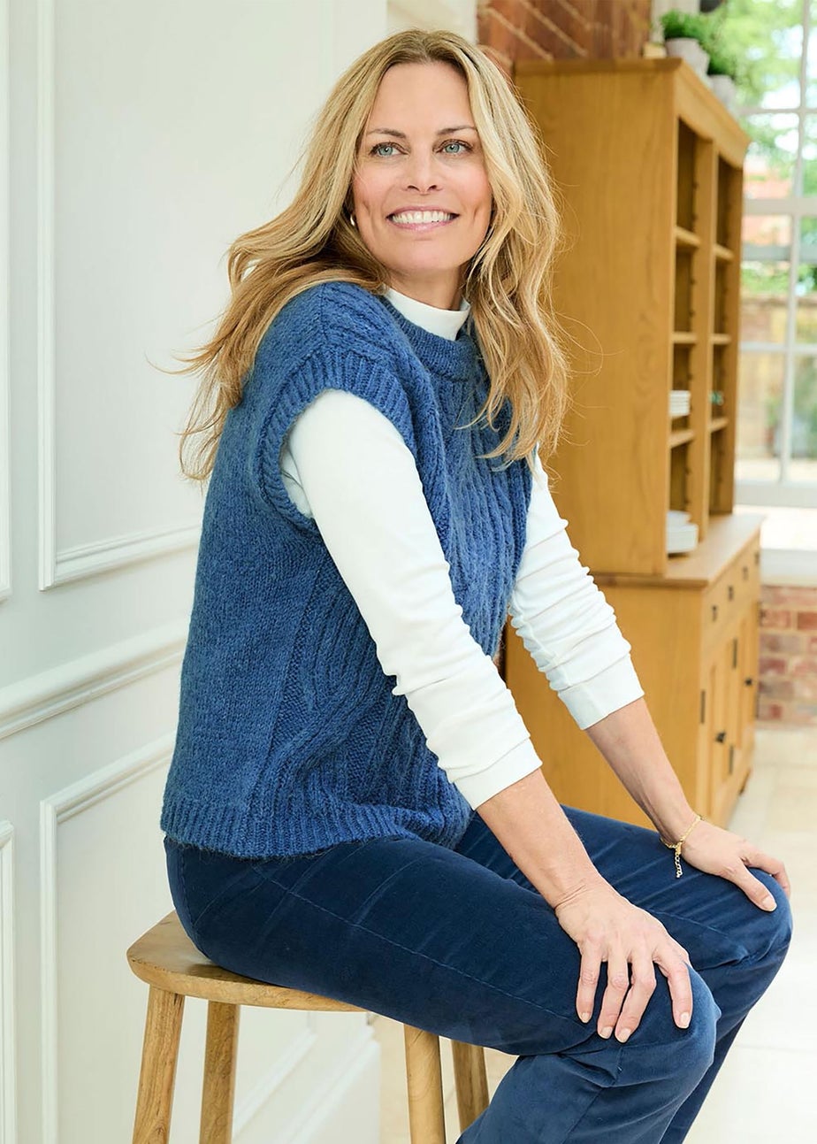 Cotton Traders Smoke Blue Crew Neck Cable Vest