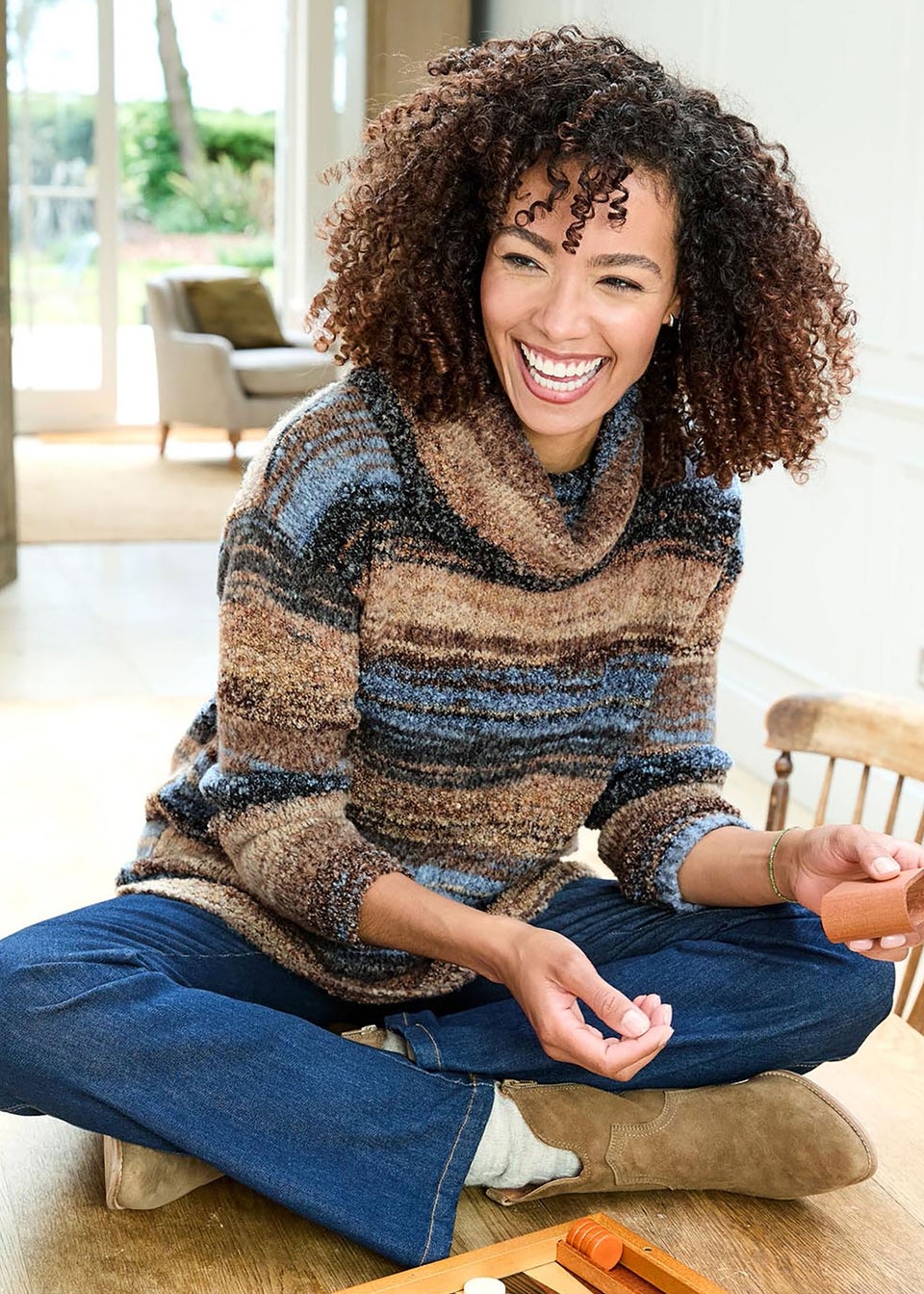 Cotton Traders Sandstone Stripe Cowl Neck Jumper