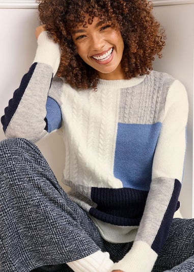 Cotton Traders Navy Patchwork Crew Neck Jumper
