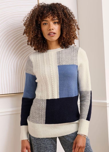 Cotton Traders Navy Patchwork Crew Neck Jumper