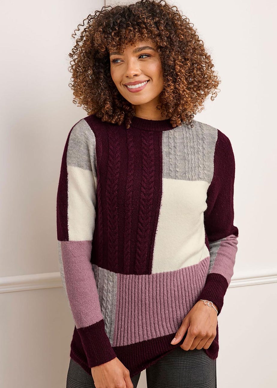 Cotton Traders Merlot Patchwork Crew Neck Jumper