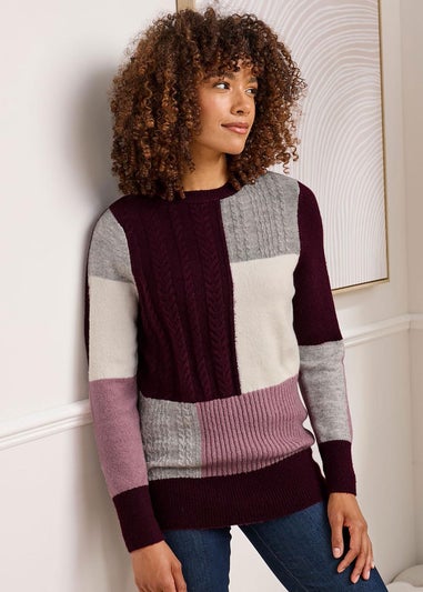 Cotton Traders Merlot Patchwork Crew Neck Jumper